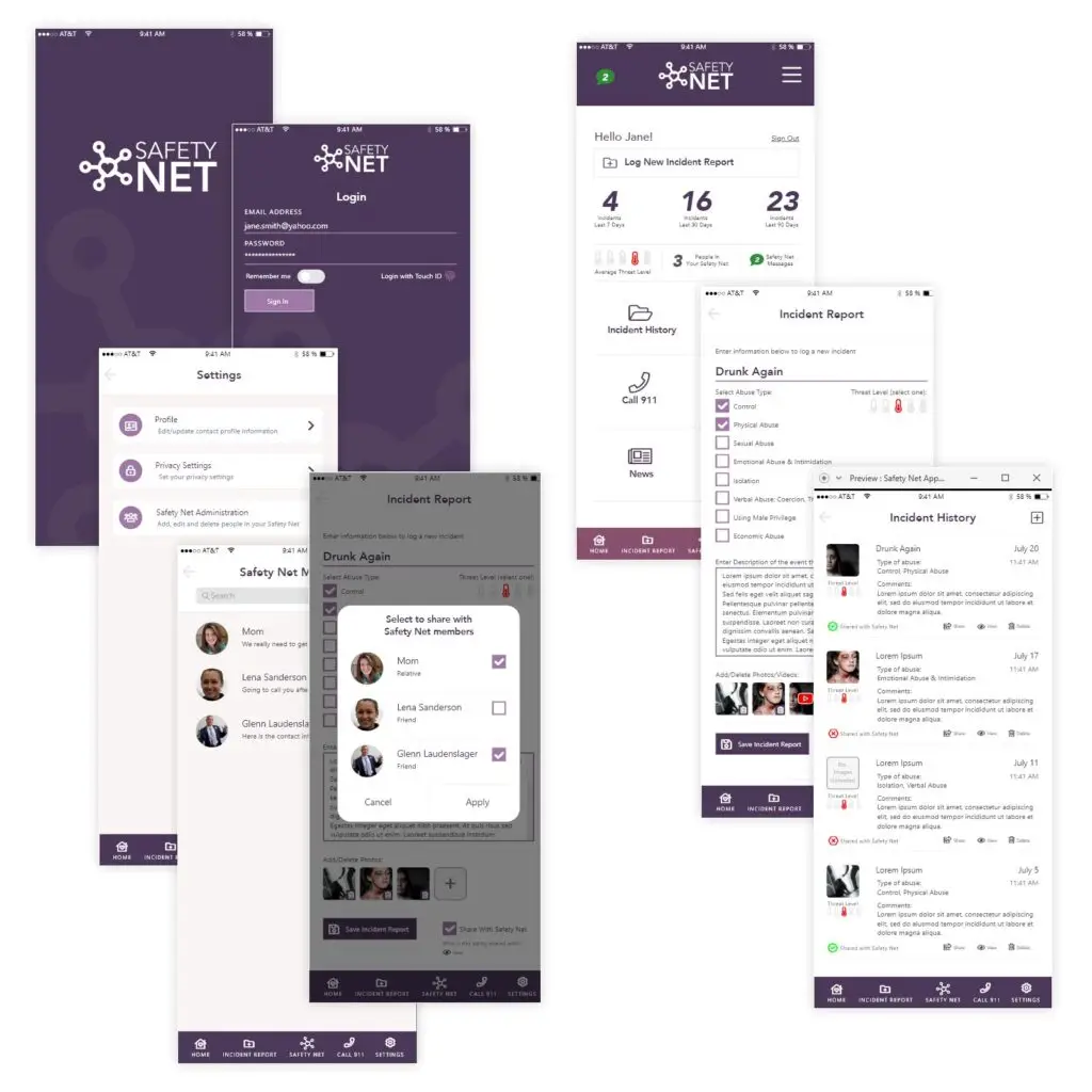 SafetyNet App Screen Examples